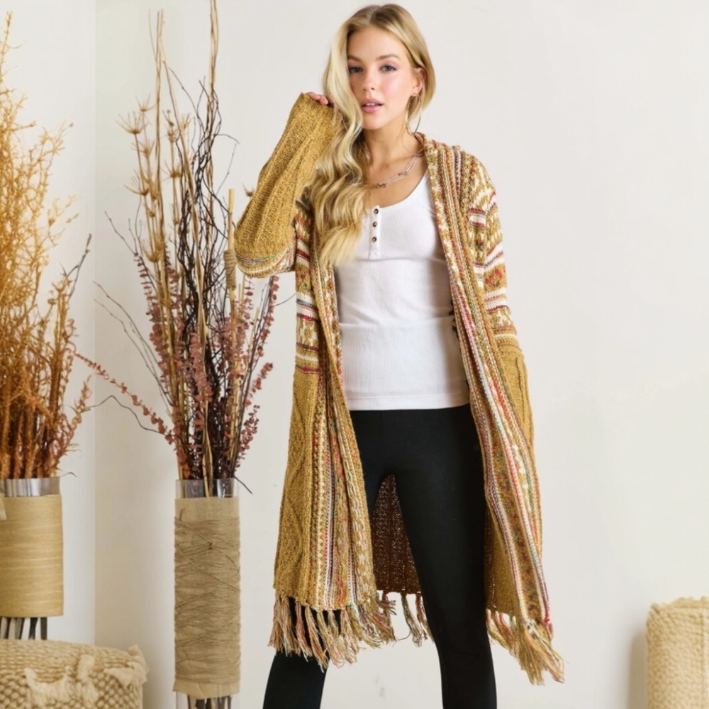 Bohemian Longline Knit Cardigan With Fringe Tassel Hem Southwestern Aztec Print - Picture 2 of 11